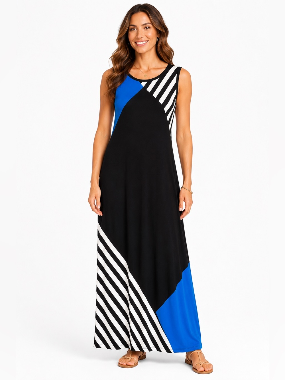 Style & Co Woman 1X Blue Black White Graphic Stripe Sleeveless Maxi Dress 1X